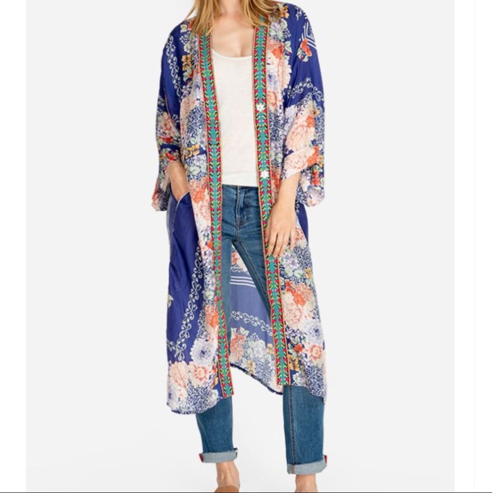 Johnny Was Blue Floral Kimono Duster with Pink and Green Accents